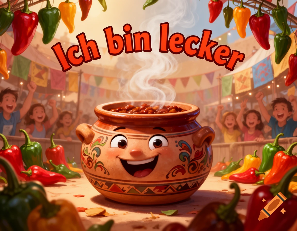 A smiling cartoon pot of chili with "Ich bin lecker" text, surrounded by peppers at a festive chili competition with cheering children.
