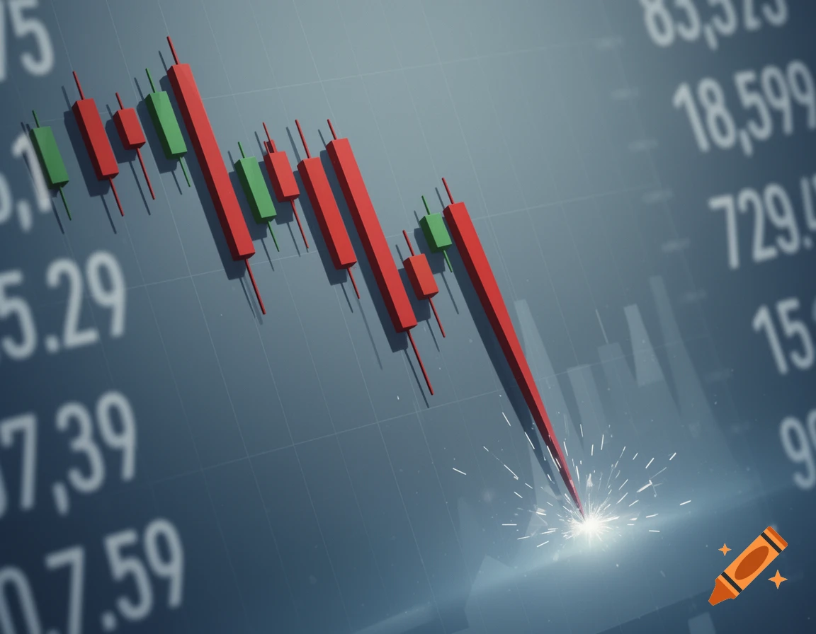 3D candlestick graph showing drastically falling stock prices, ending with a sparking impact at the bottom, with blurred financial numbers in the background.