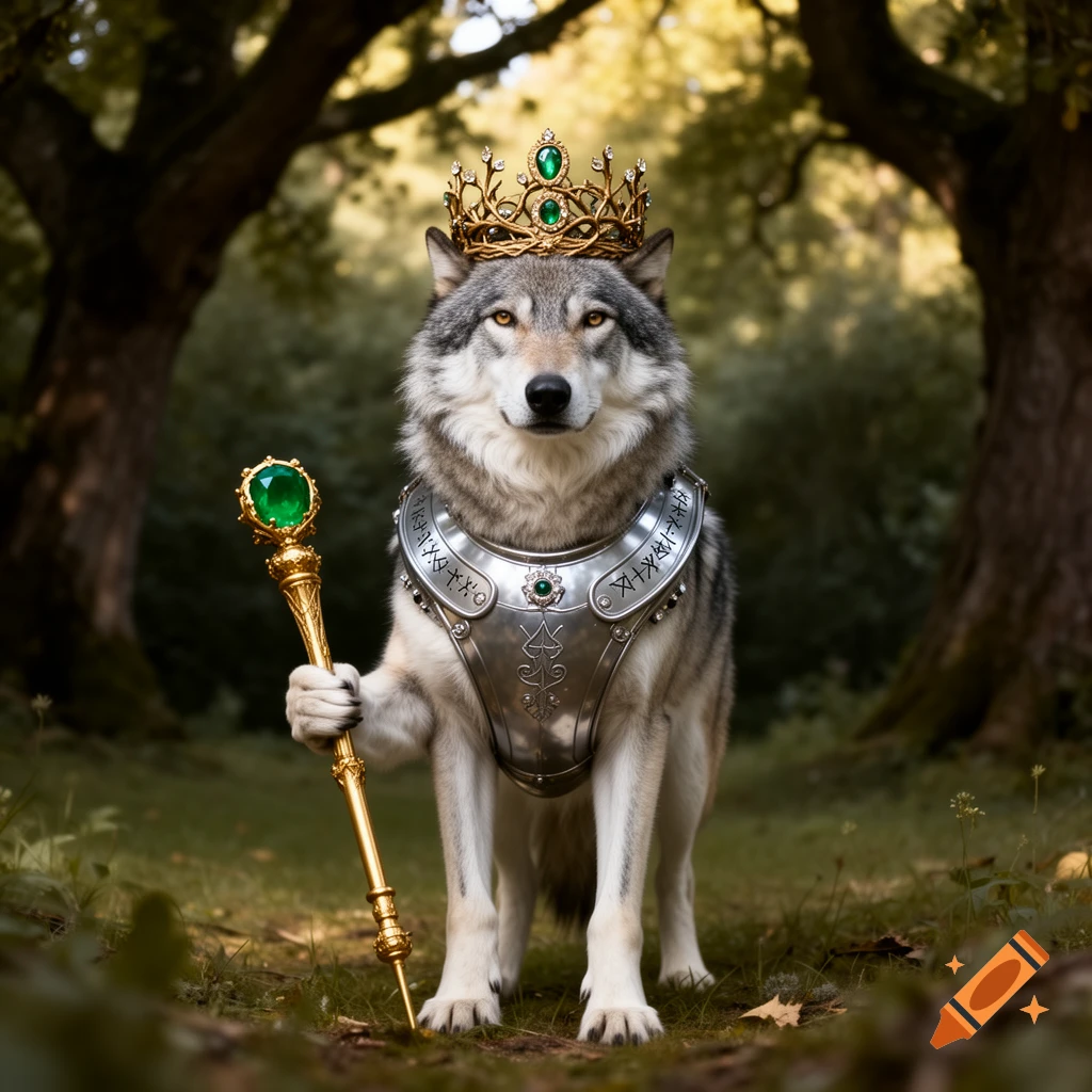 A majestic wolf wearing a gold crown with emeralds and silver chest plate armor, holding a golden scepter in a forest.