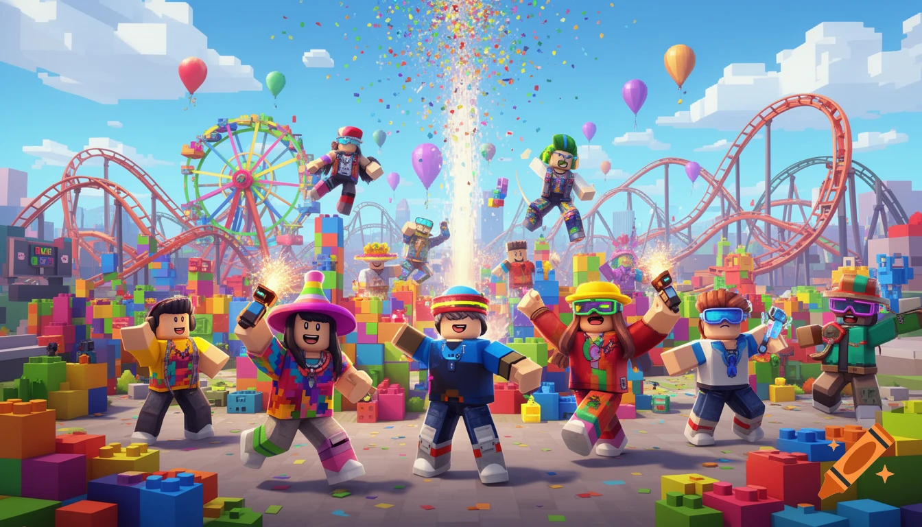 Colorful blocky characters celebrate in a vibrant amusement park built with toy blocks, under a rain of confetti.