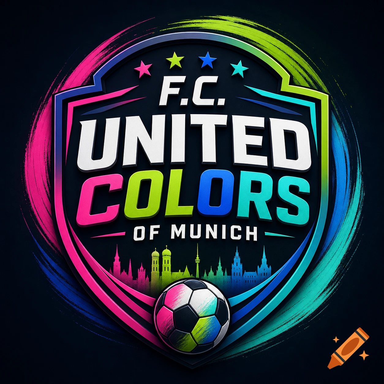 A vibrant sports club logo for F.C. United Colors of Munich, featuring a colorful shield, city skyline, and soccer ball.