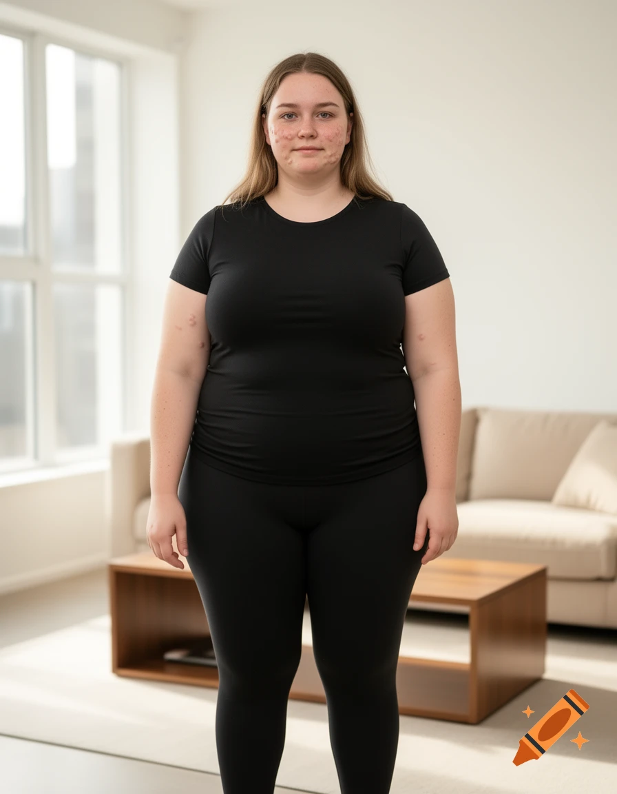 Photorealistic portrait of a young woman with a pear-shaped body, wearing a black top and leggings, standing in a bright modern living room.