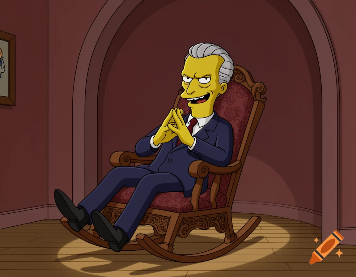 Mr. Burns from The Simpsons sits in a rocking chair with a scheming grin.