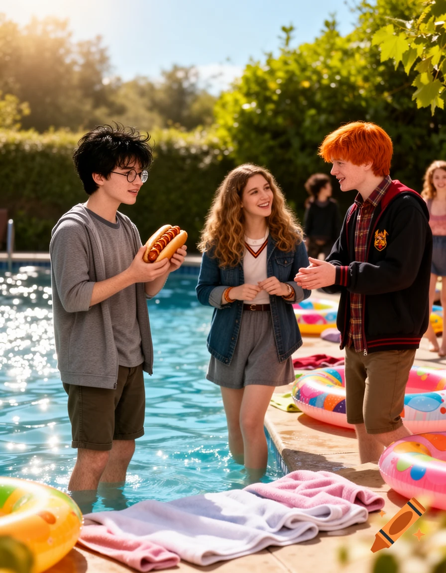 Three friends, resembling Harry Potter characters, socialize by a sunlit pool, with one holding a hot dog.