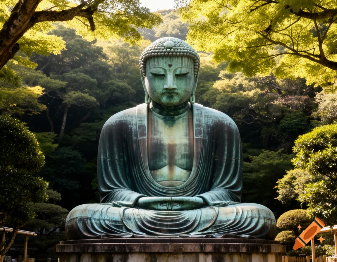 A large, ancient bronze Buddha statue sits serenely amidst vibrant green trees and lush foliage under dappled sunlight.