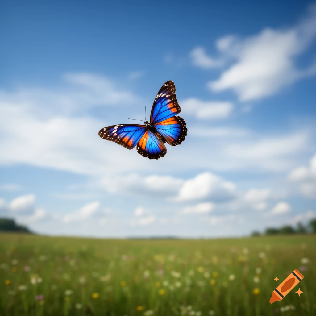 A vibrant blue and orange butterfly flies in a bright blue sky with clouds over a blurred green field. Photorealistic style.