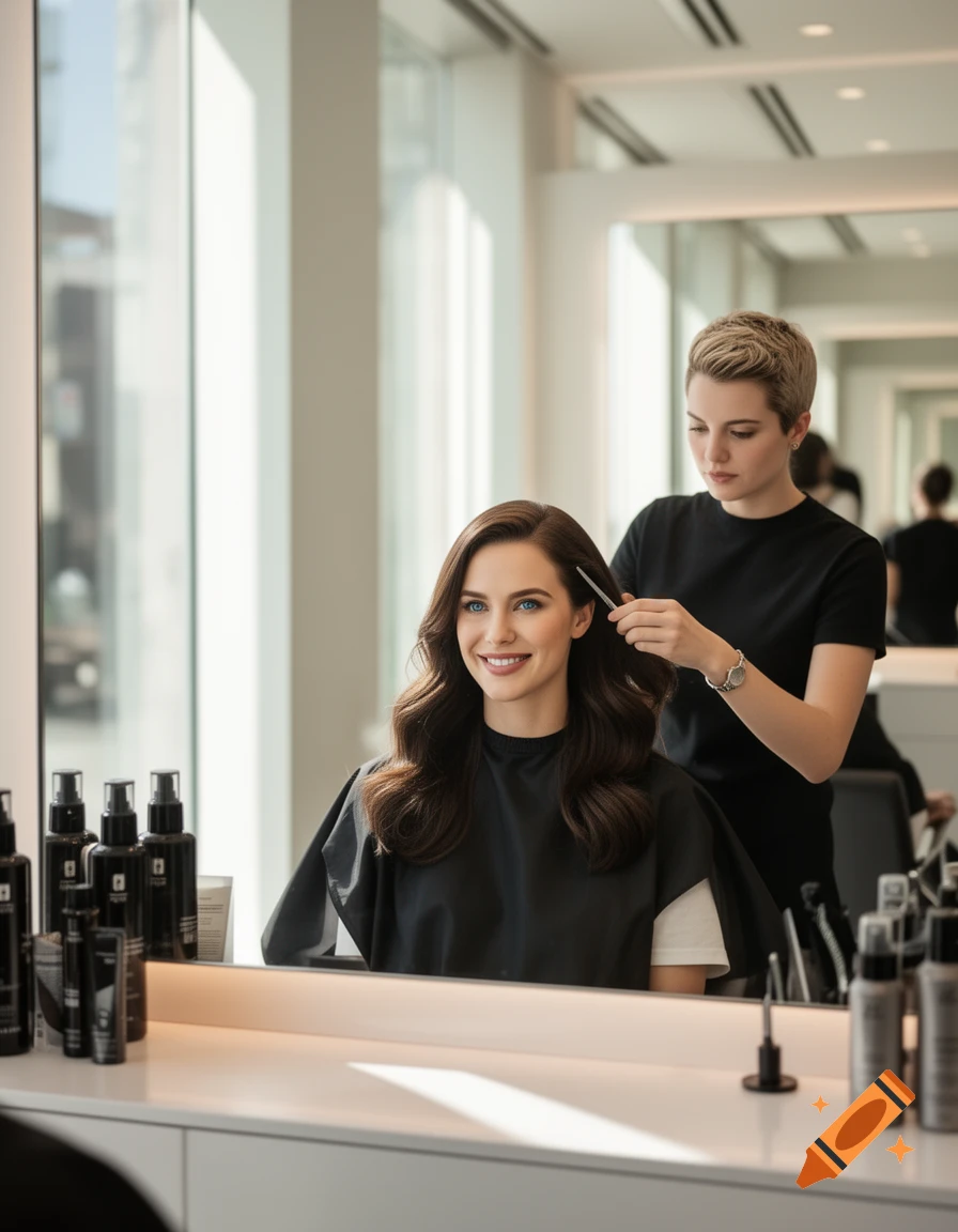A woman with long brown hair smiles as a stylist with short blonde hair combs her hair in a bright salon.