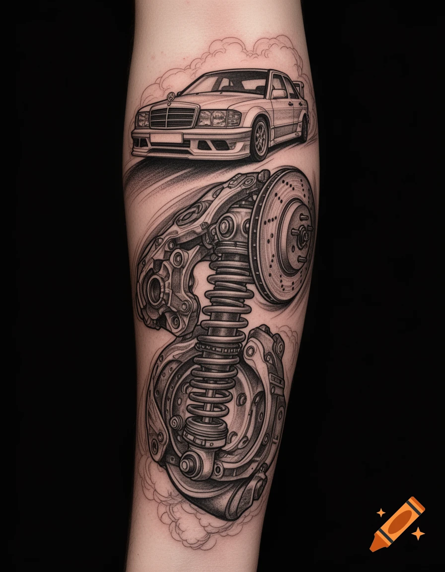 Detailed black and white tattoo on a forearm depicting a Mercedes-Benz 190 Evo car above a mechanical suspension and brake system.