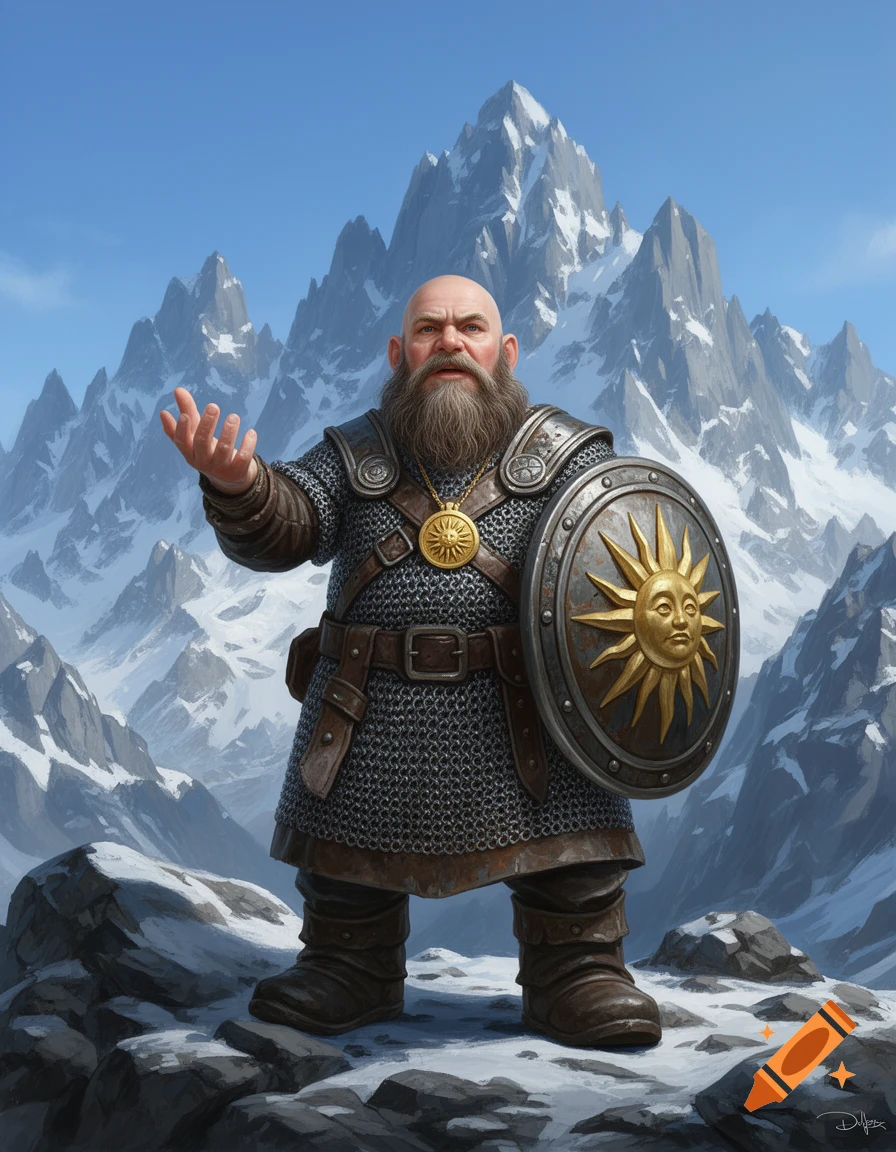 Bald, bearded dwarf warrior in chain mail with a sun shield and amulet, standing on a snowy mountain, gesturing.