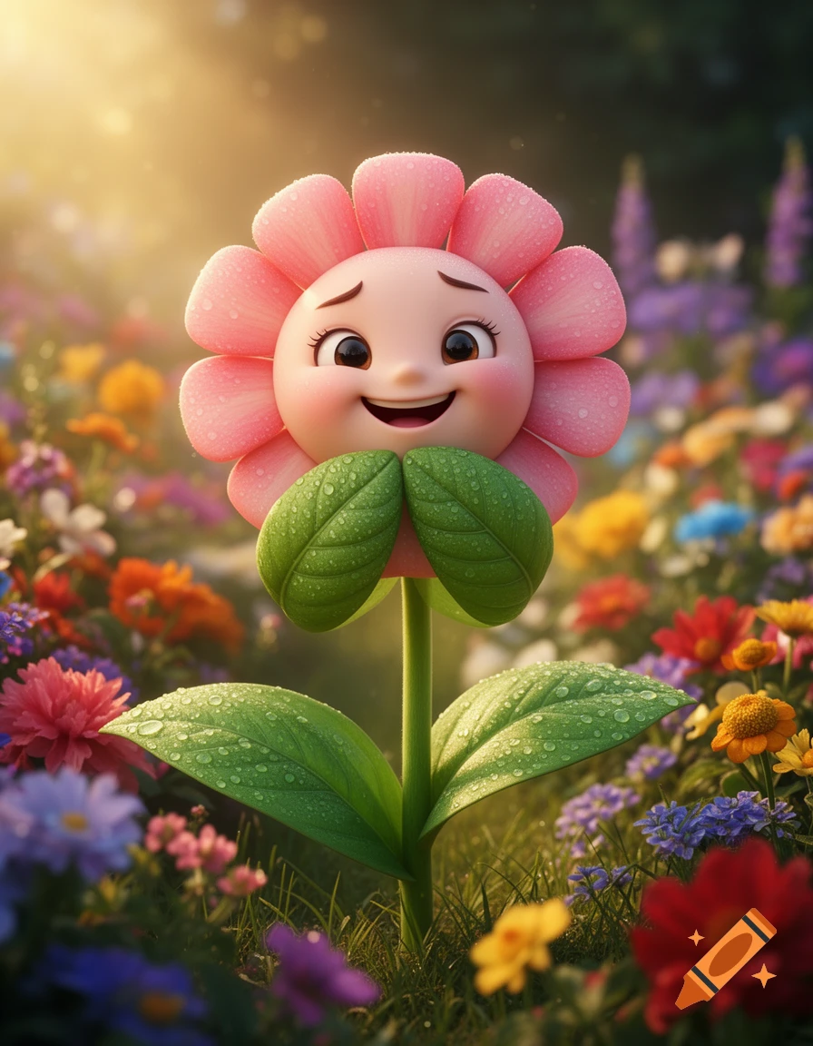 A cute, blushing flower character with pink petals, a smiling face, and green leaves covering its chin in a sunny field of colorful flowers.