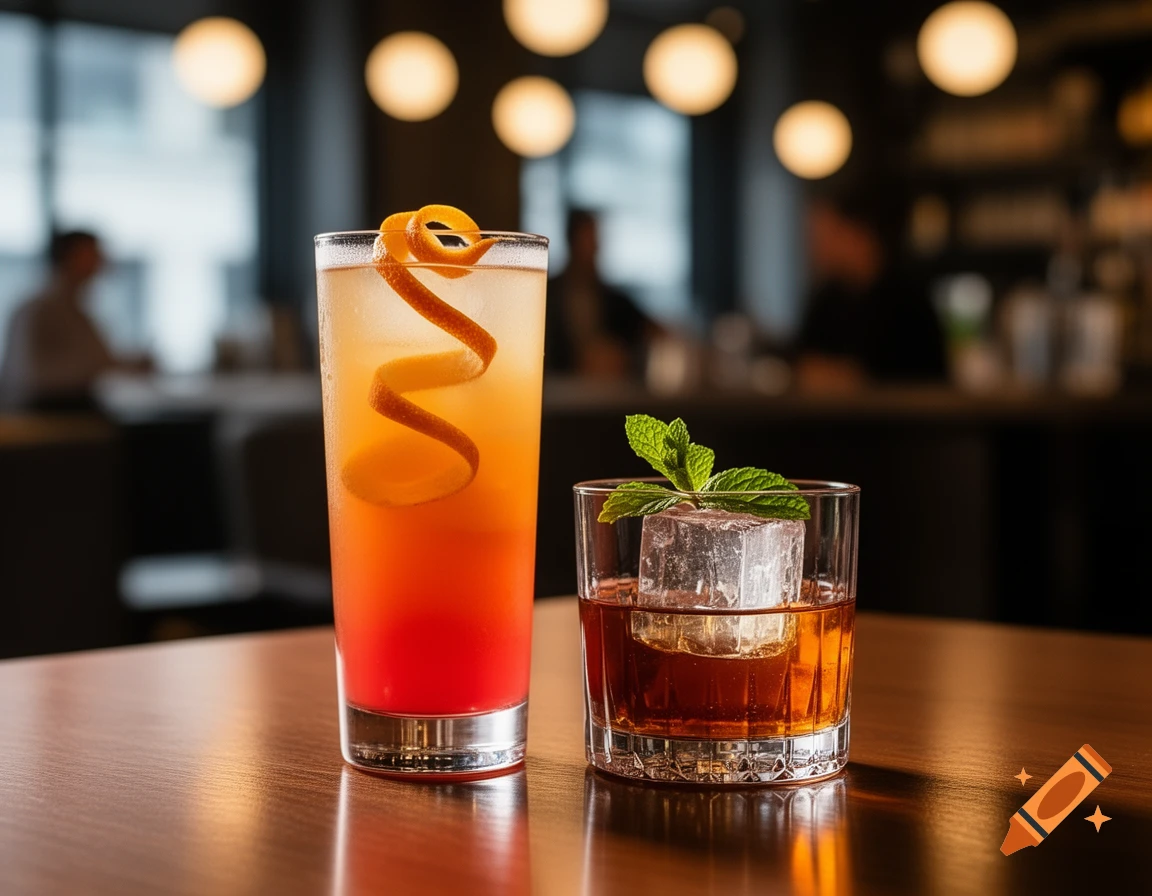 Two photorealistic mixed drinks on a table: a tall orange-red cocktail with orange peel, and a short amber drink with ice and mint.