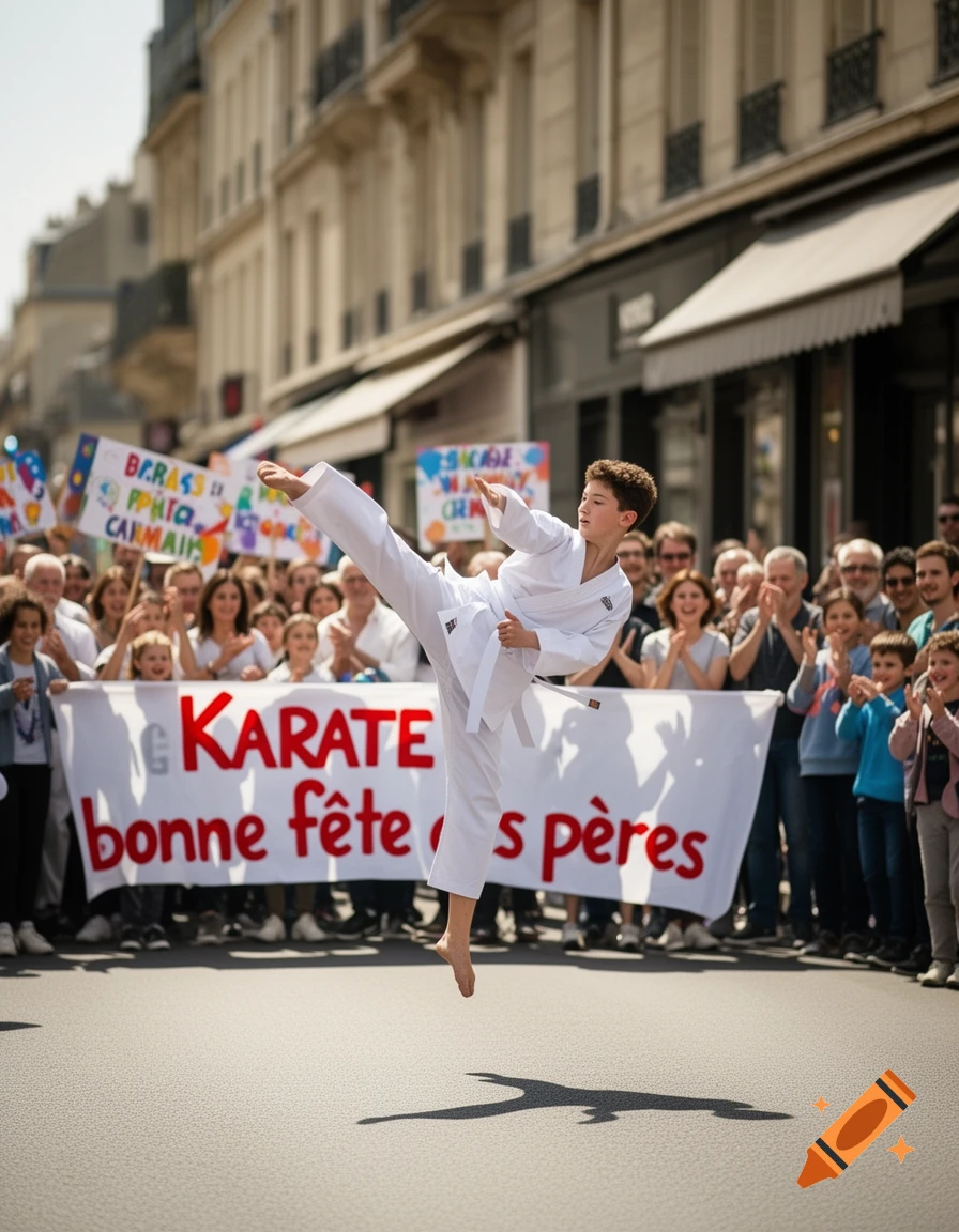 A young boy in a white karate gi performs a mid-air kick in a street, with a crowd and a banner saying 'Karate bonne f des p es' behind him. Photorealistic.