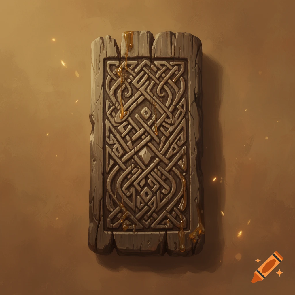 An upright, weathered wooden totem token with intricate Celtic knot-like carvings, drizzled with golden honey, against a warm, glowing background.