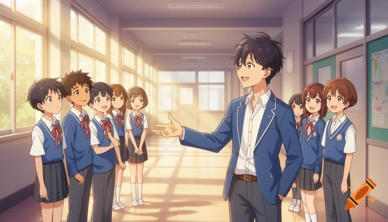 A male anime student gestures to a group of smiling students in a sunlit school corridor.