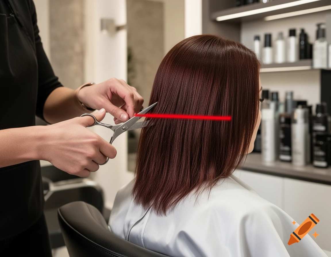 A hairstylist prepares to cut a client's brown hair, with a red line indicating the desired cut length.