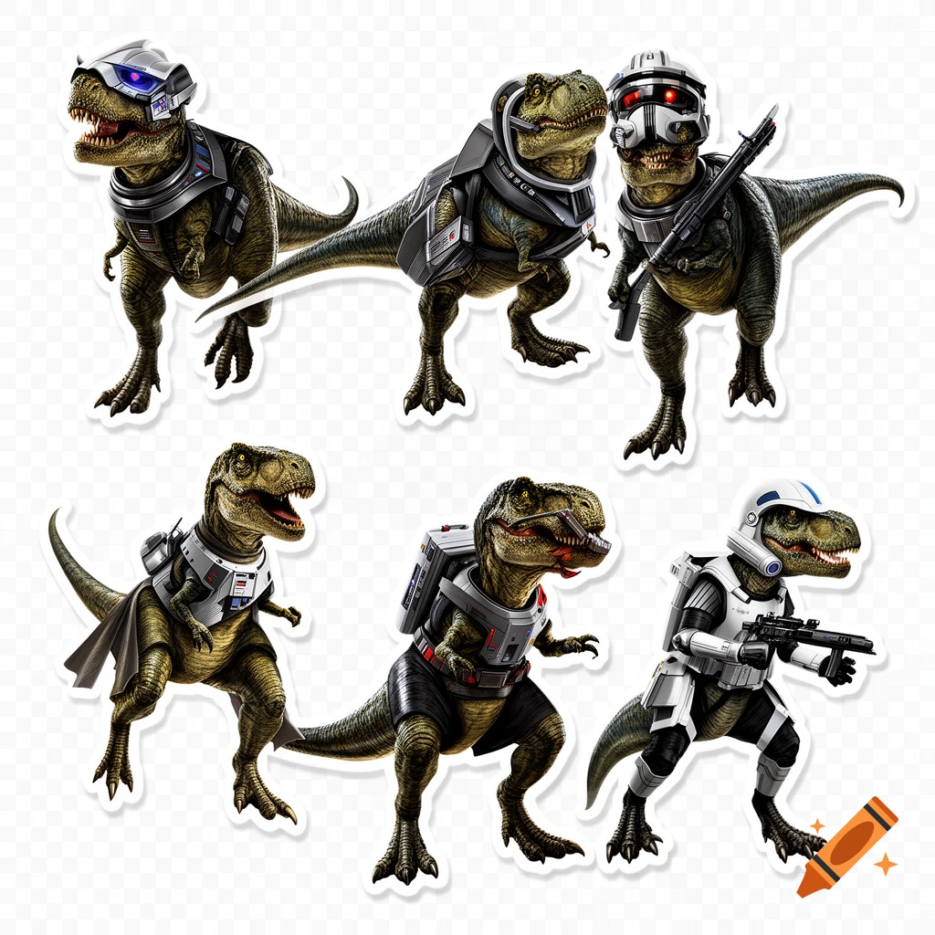 Six T-Rex dinosaurs wearing various Star Wars-inspired futuristic armor and helmets, on a transparent background, suitable for stickers.
