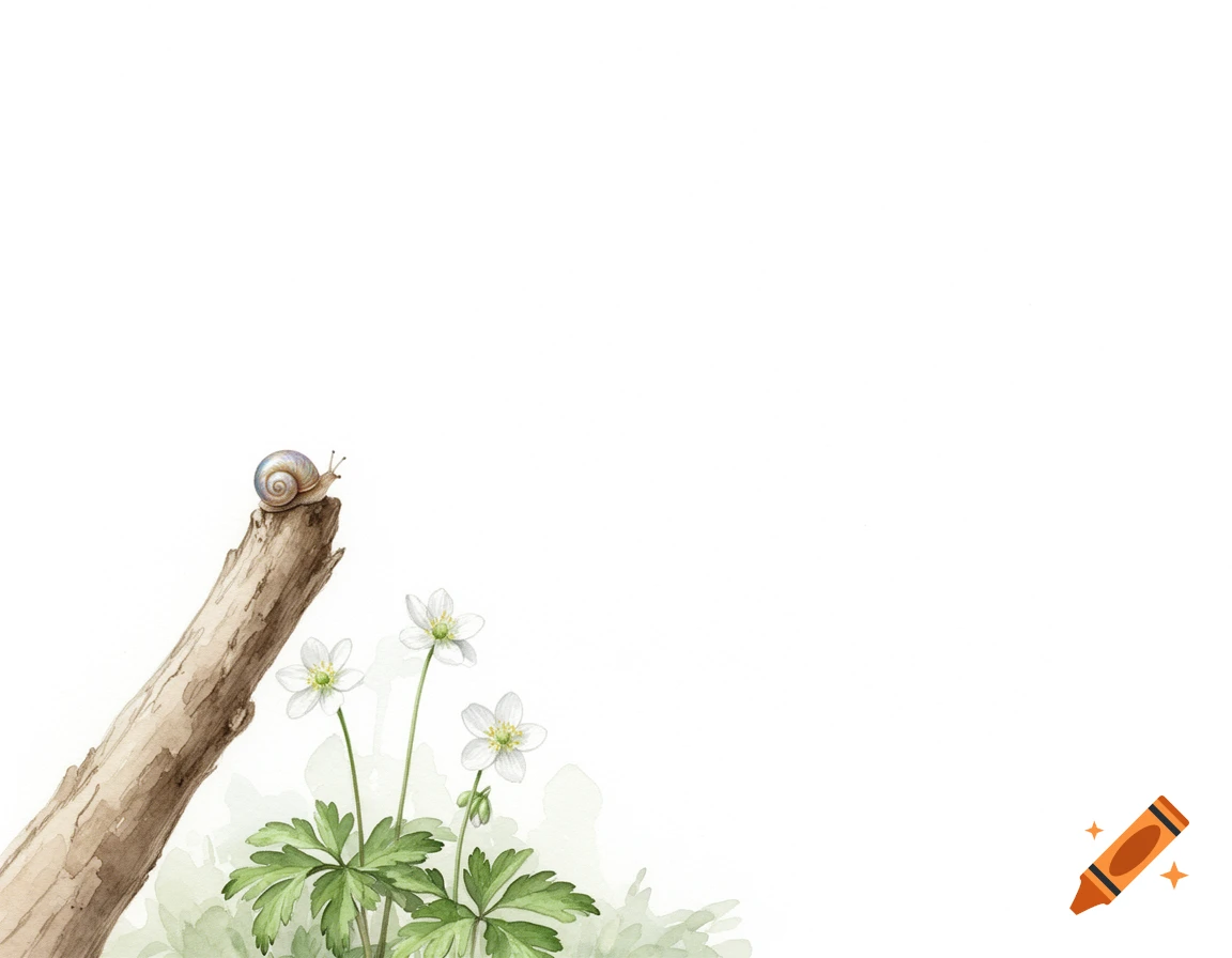 Watercolor painting of a snail on a leaning tree stump with white wood anemones, bottom left on a white background.