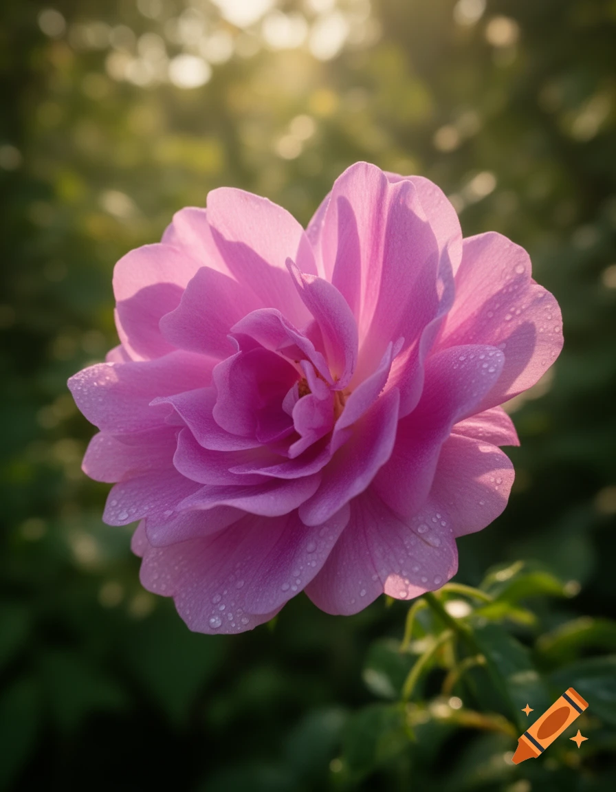 Close-up of a vibrant pink flower with water droplets on its petals, bathed in sunlight against a soft green bokeh background.