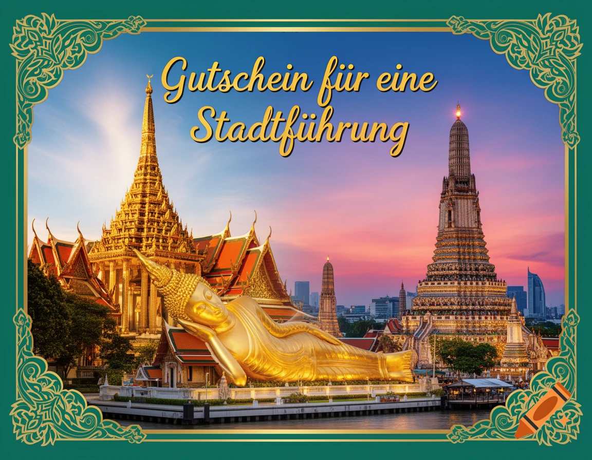 A golden reclining Buddha statue and ornate temples, including Wat Arun and Grand Palace, under a sunset sky, framed by a green and gold border with text "Gutschein für eine Stadtführung"