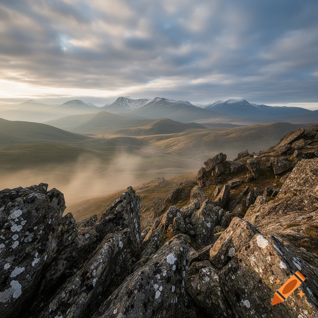 Photorealistic mountain landscape with rugged rocks, misty valleys, and snow-capped peaks under a dramatic, cloudy sky.