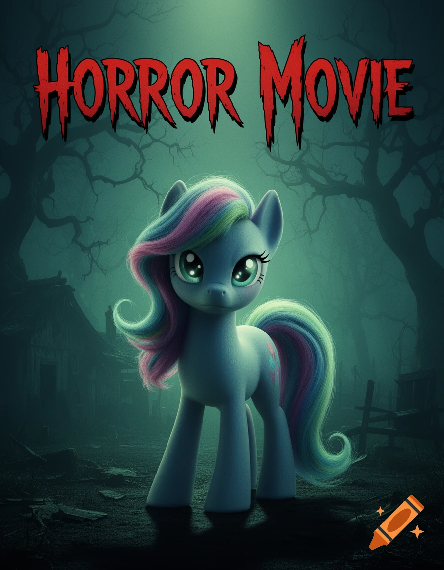 A cartoon pony stands in a dark, spooky forest with an old house, featuring the red text 'HORROR MOVIE'.