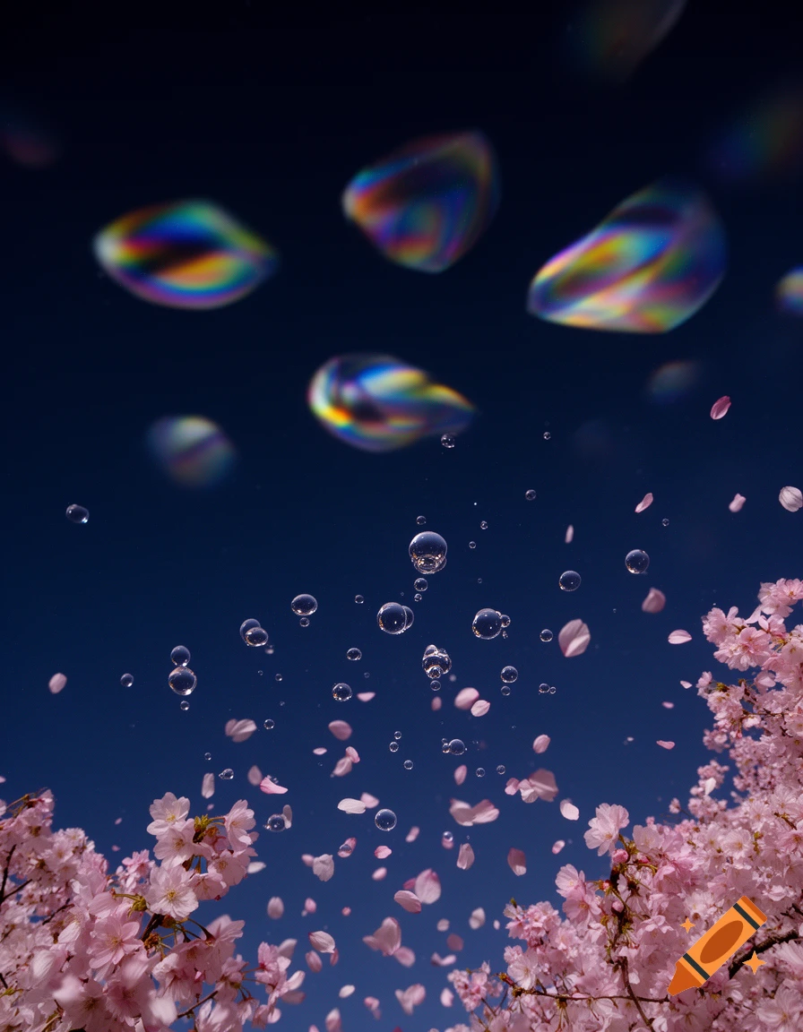 Photorealistic pink cherry blossoms, floating bubbles, and abstract iridescent shapes against a dark blue sky.