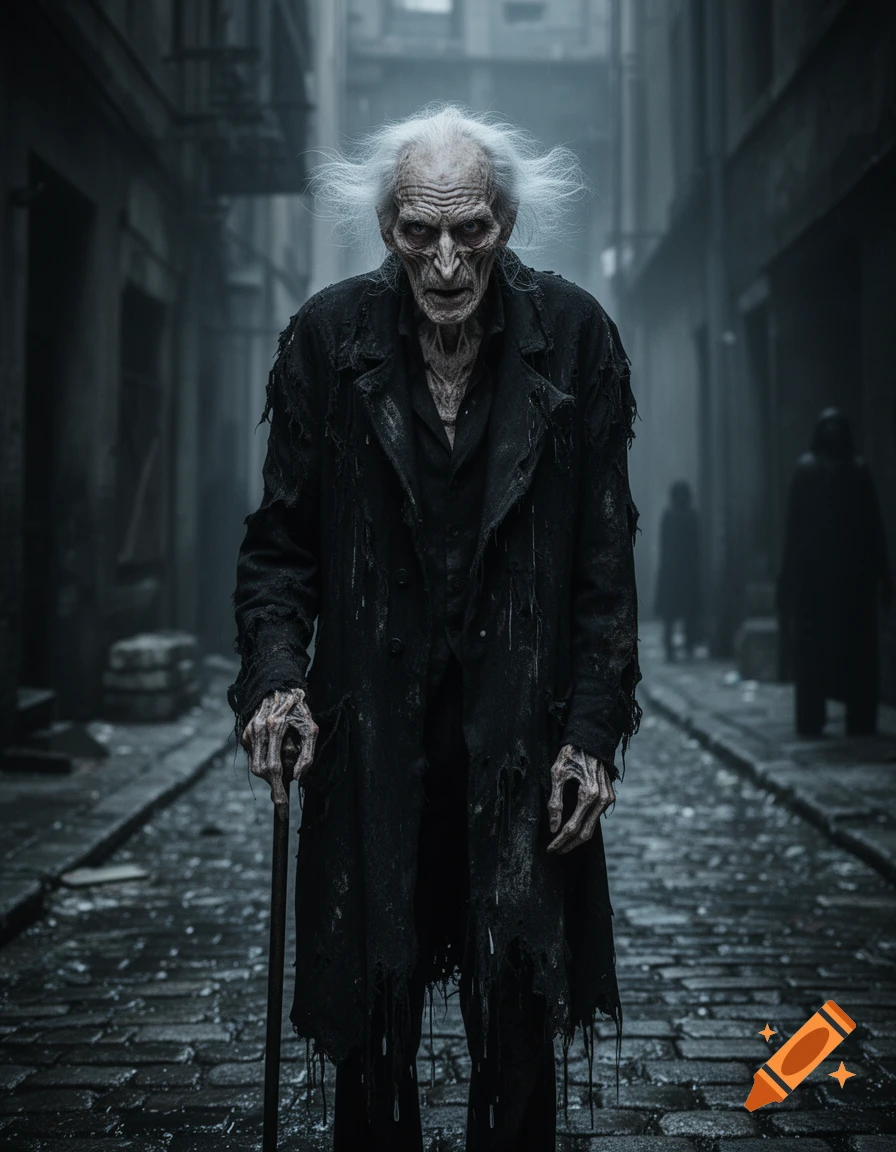 A gaunt, creepy old man with white hair and tattered clothes stands holding a cane in a dark, wet cobblestone alley, staring forward.