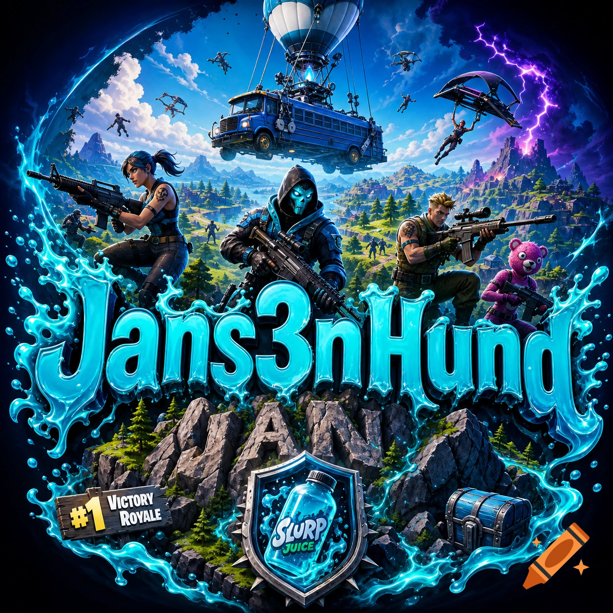 Fortnite-themed logo with characters, battle bus, and island, featuring glowing blue text 'Jans3nHund' and 'Slurp Juice'.