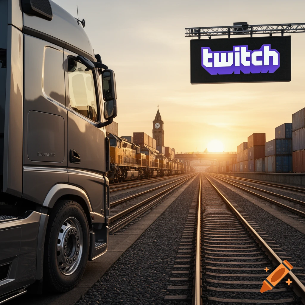 Photorealistic scene with a semi-truck and freight train on railway tracks, a city skyline with a clock tower, and a 'twitch' billboard at sunset.