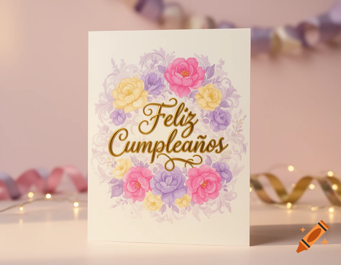 A white greeting card with 'Feliz Cumplea ̃os' in gold script, surrounded by watercolor pink, yellow, and purple flowers. Blurred pink background.