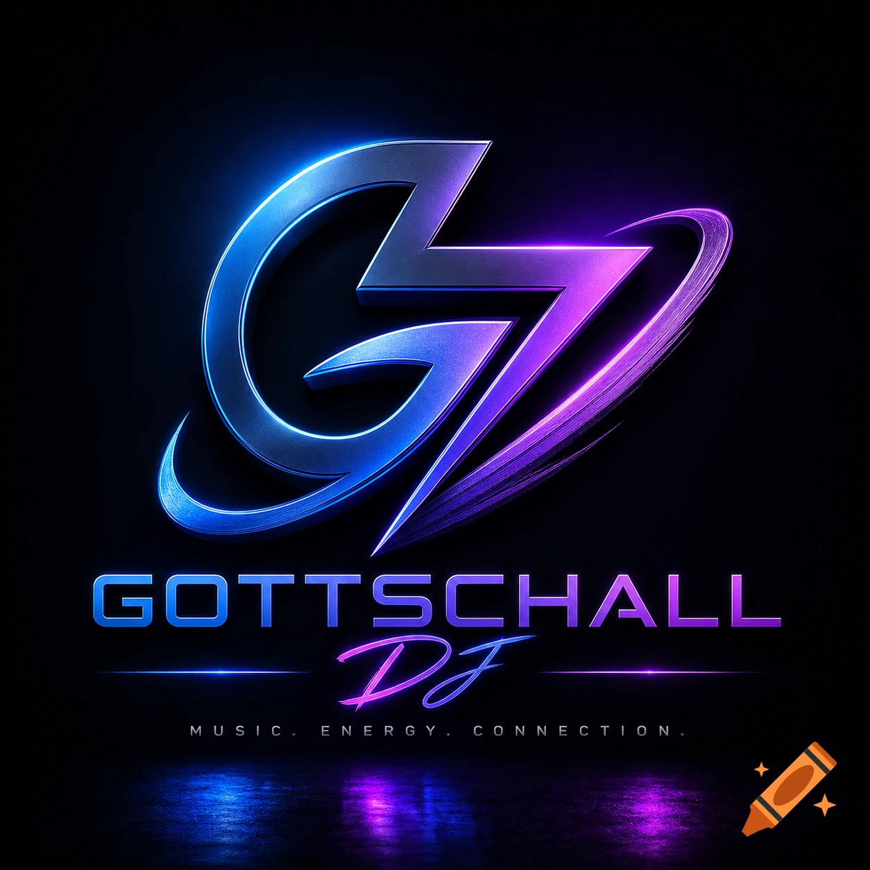 Metallic glowing blue and purple logo for Gottschall DJ with a stylized 'GZ' symbol, 'MUSIC. ENERGY. CONNECTION.' tagline, and reflections.