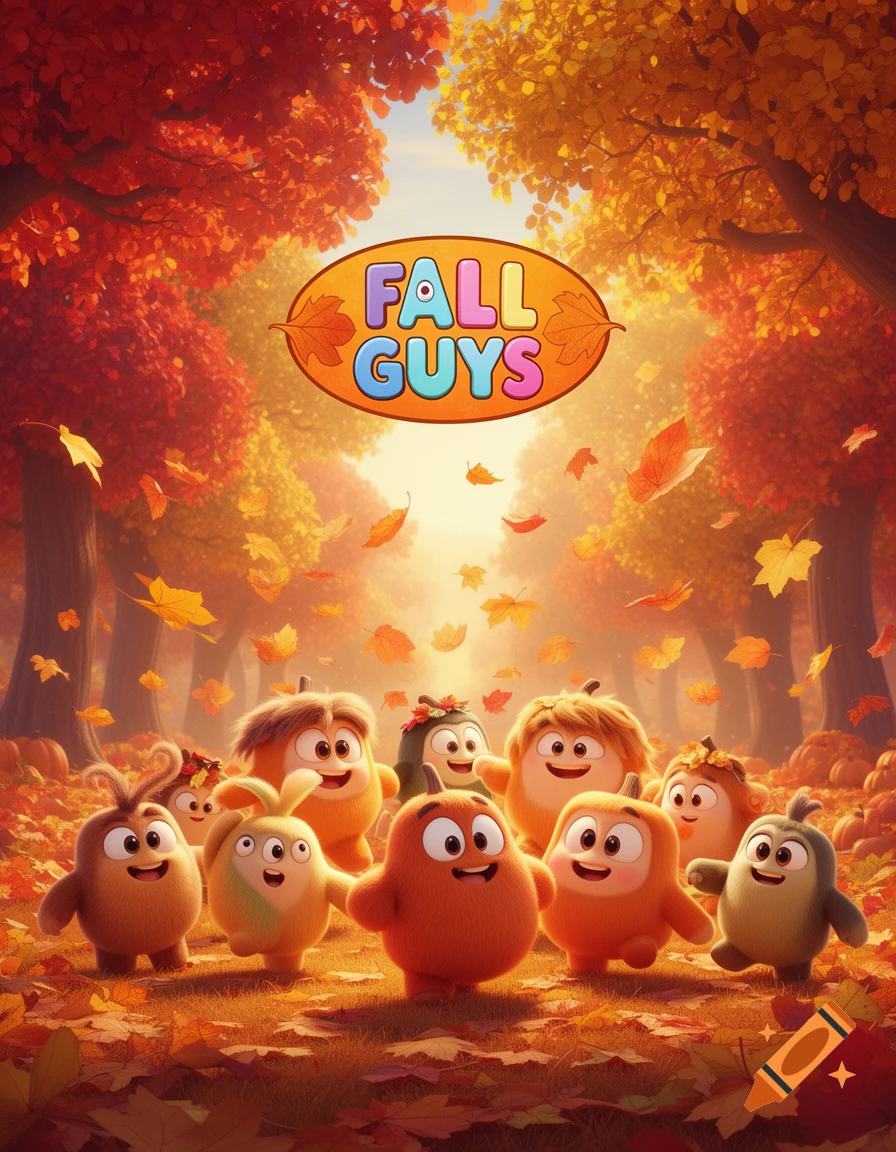 Cartoon characters resembling Fall Guys in a vibrant autumn forest with falling leaves, under a sign reading 'FALL GUYS'.