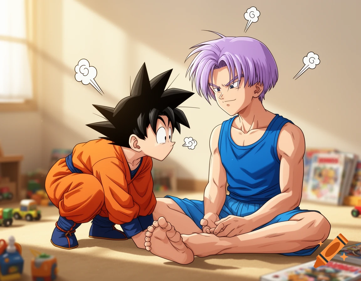 Anime style image of Goten crouching and curiously looking at Kid Trunks' bare foot, who is sitting on the floor in a sunlit room filled with toys.