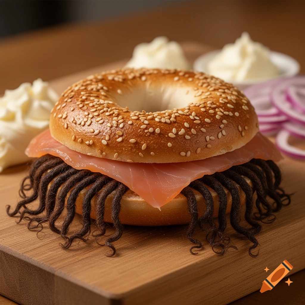 A photorealistic image of a bagel with lox and dark brown dreadlocks instead of traditional toppings, on a wooden board.