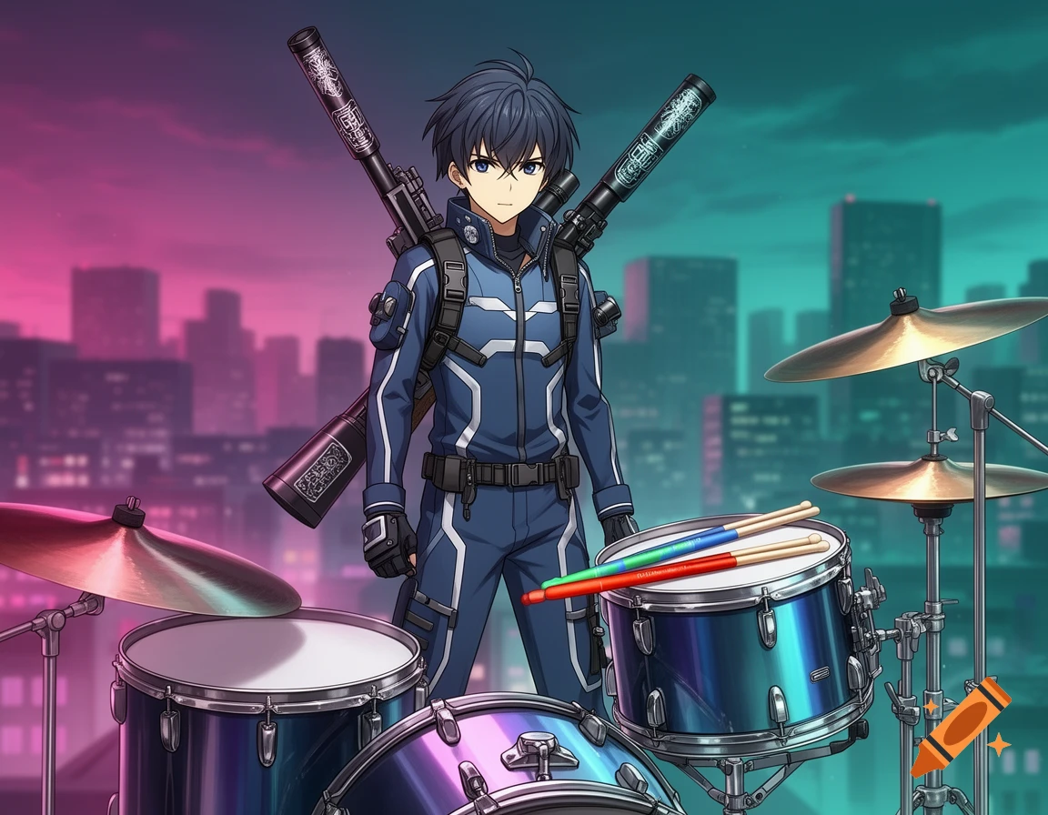 An anime character in a blue suit with sniper rifles on their back stands in front of a drum set and a city skyline at dusk.