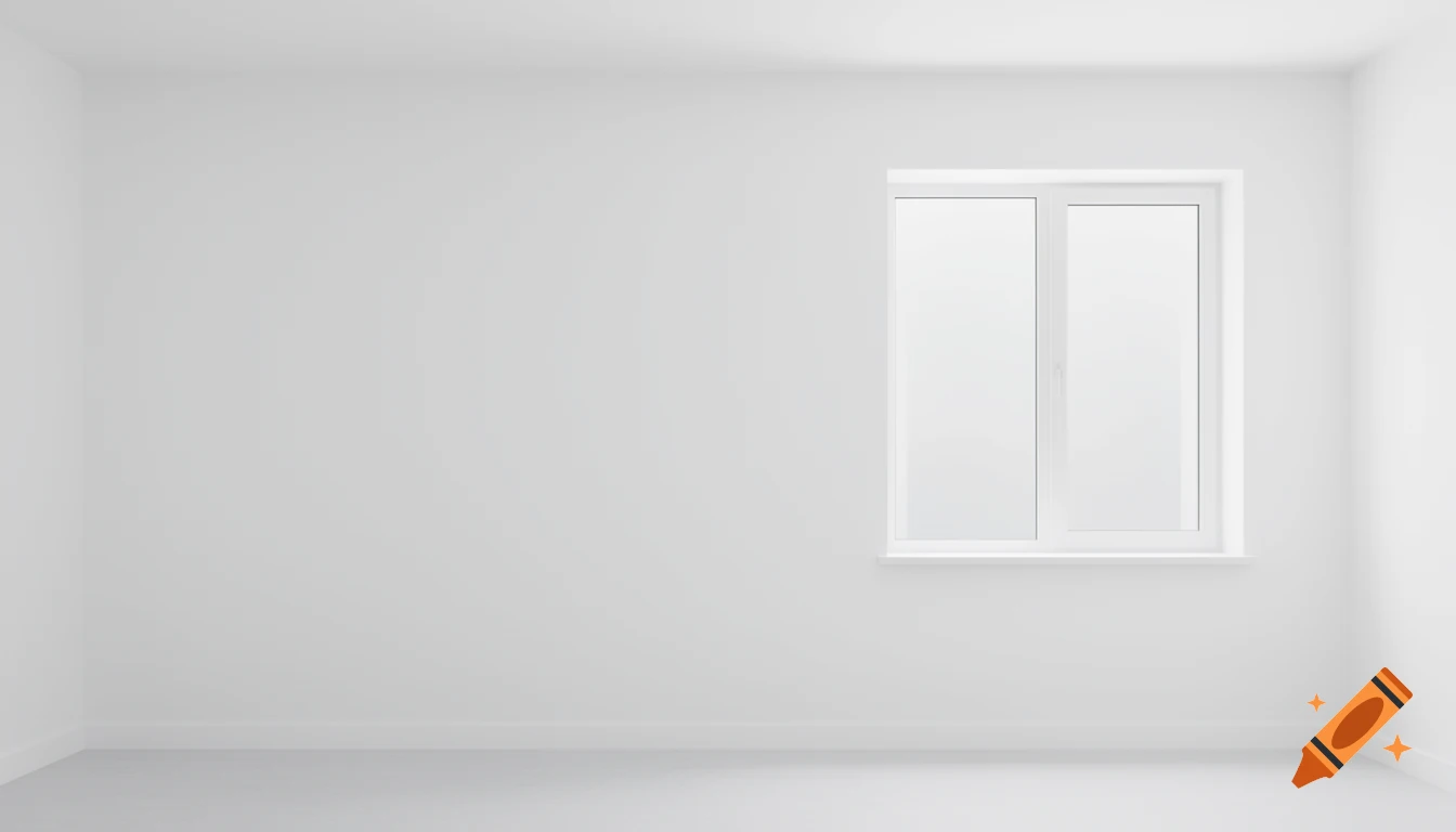 An empty, bright white room with a modern window on the right wall.