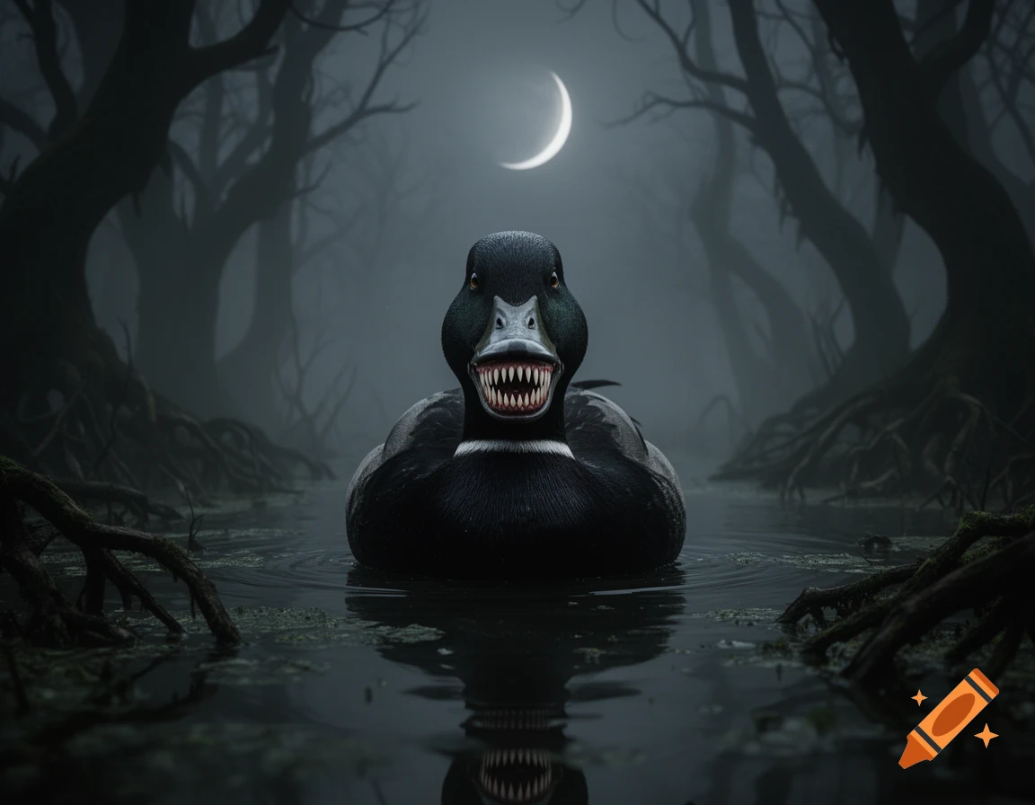 A monstrous duck with sharp teeth floats in a dark, foggy swamp under a crescent moon.