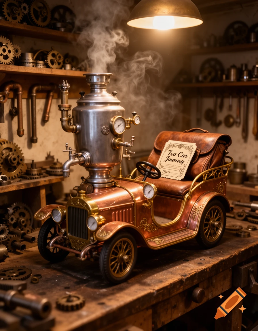 A detailed steampunk tea car with a samovar boiler and leather seat sits in a cluttered workshop, smoke rising from it.