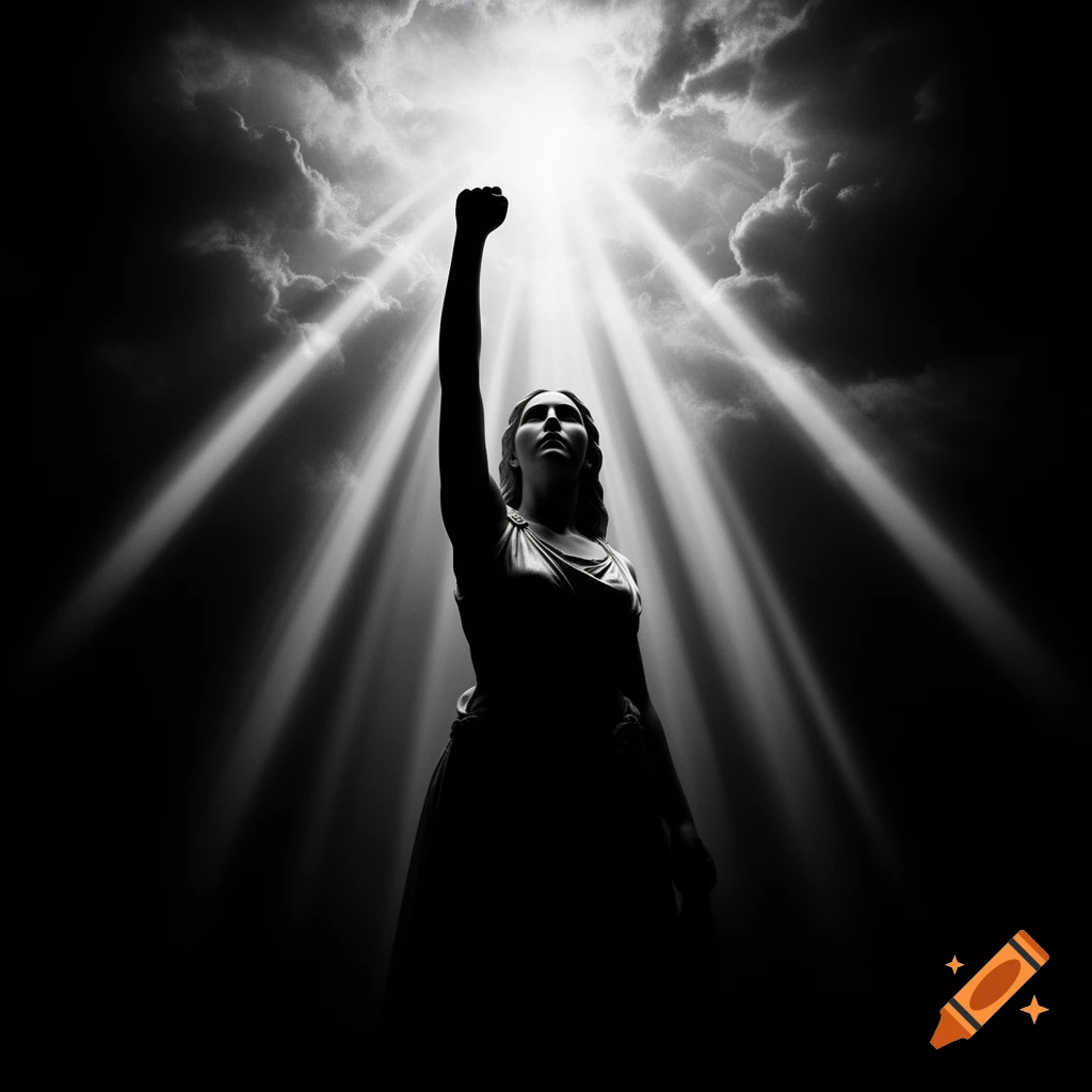 A black and white silhouette of the Goddess Aurora with a raised fist, looking up into dramatic light rays streaming from clouds above.