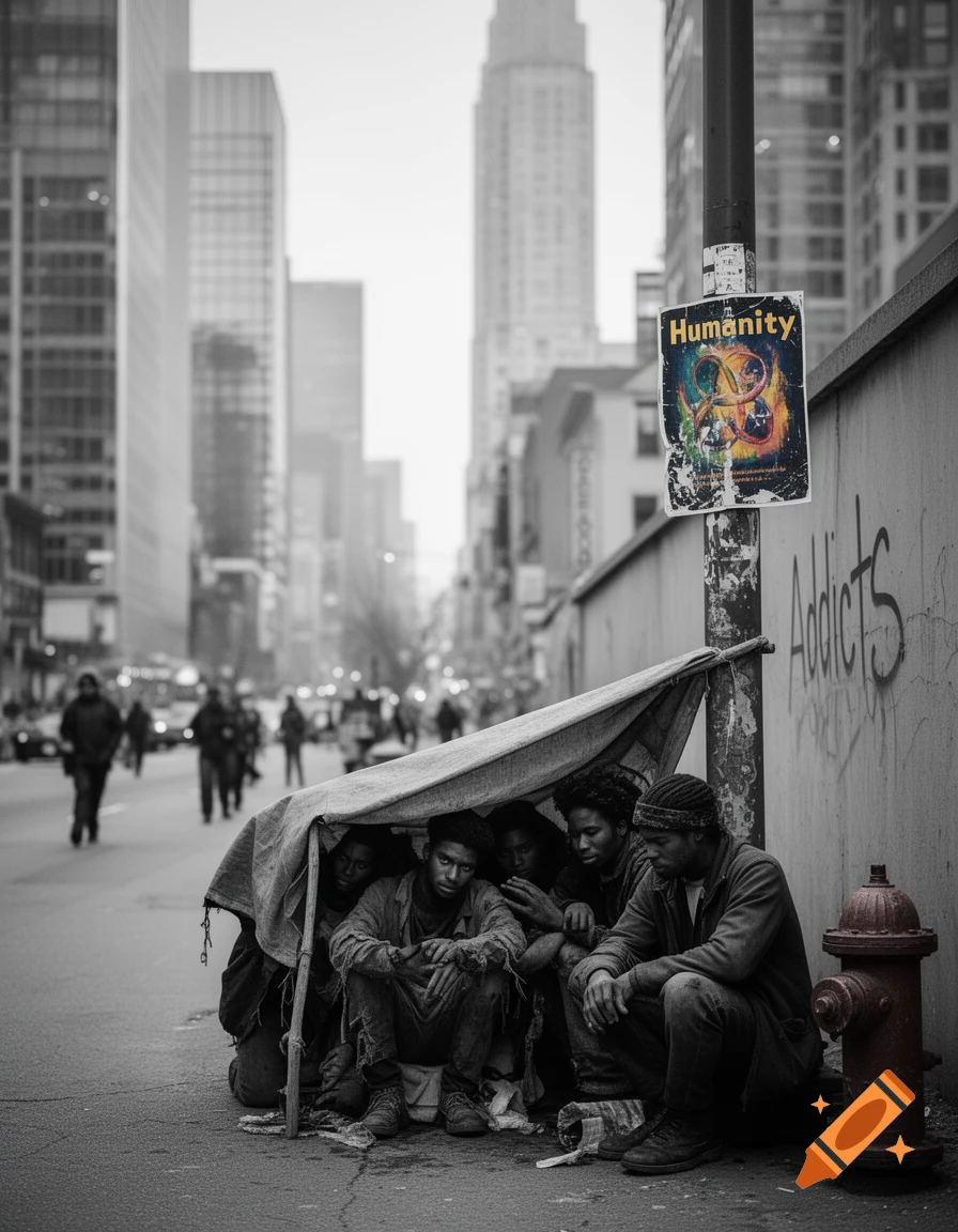 A somber street photo of people huddled under a makeshift shelter, with a 'Humanity' poster and a red fire hydrant.