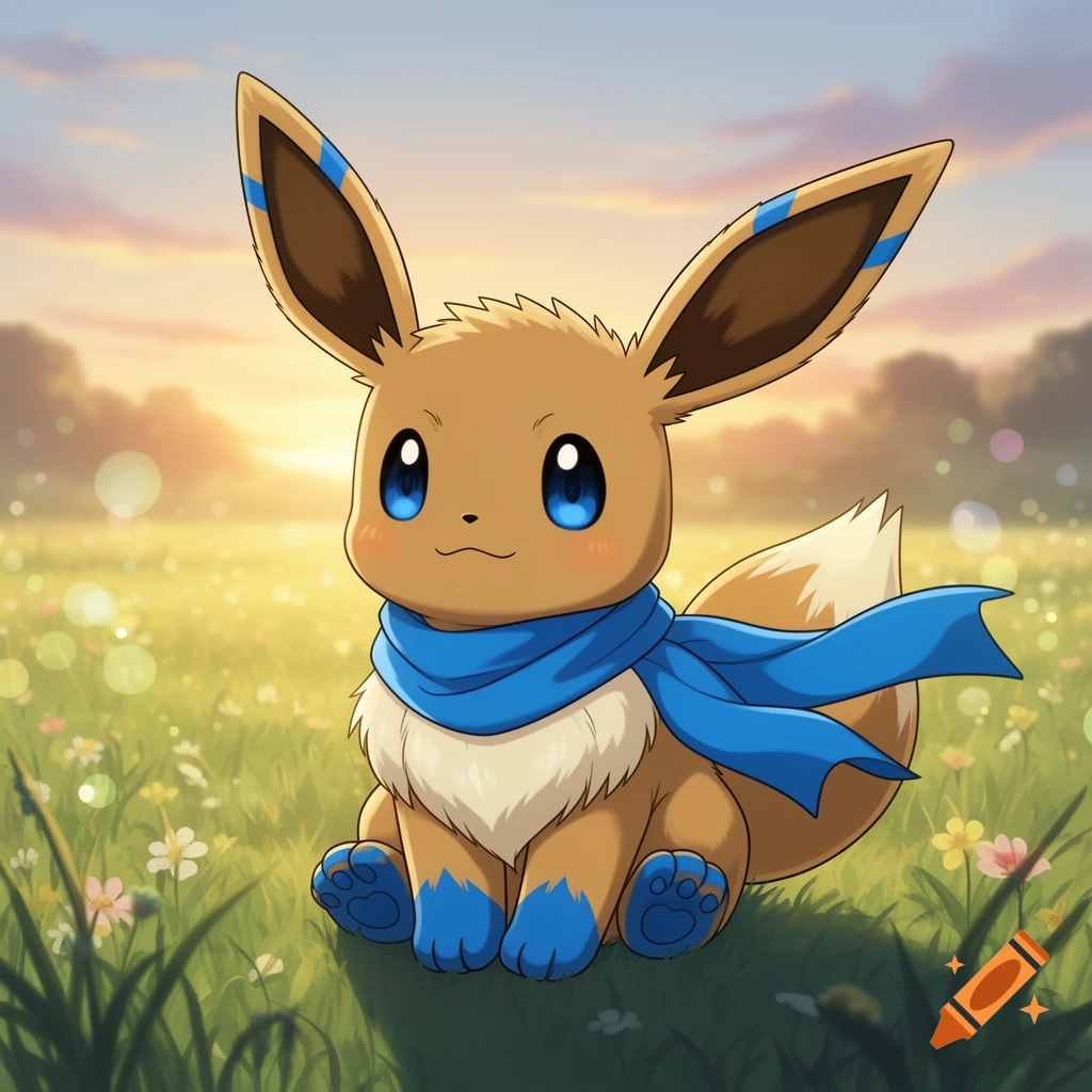 A cute Eevee character with blue markings on its ears and paws, wearing a blue scarf, sitting in a sunny field with flowers.
