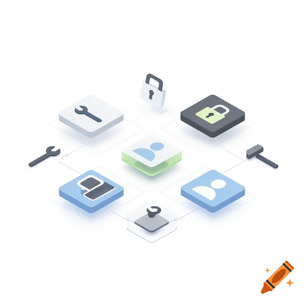Isometric diagram of interconnected software tools, security locks, and user account icons on a white background.
