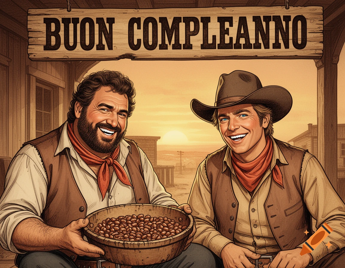 An illustration of two smiling cowboys, one holding a bowl of beans, in a Western town with a 'Happy Birthday' sign.