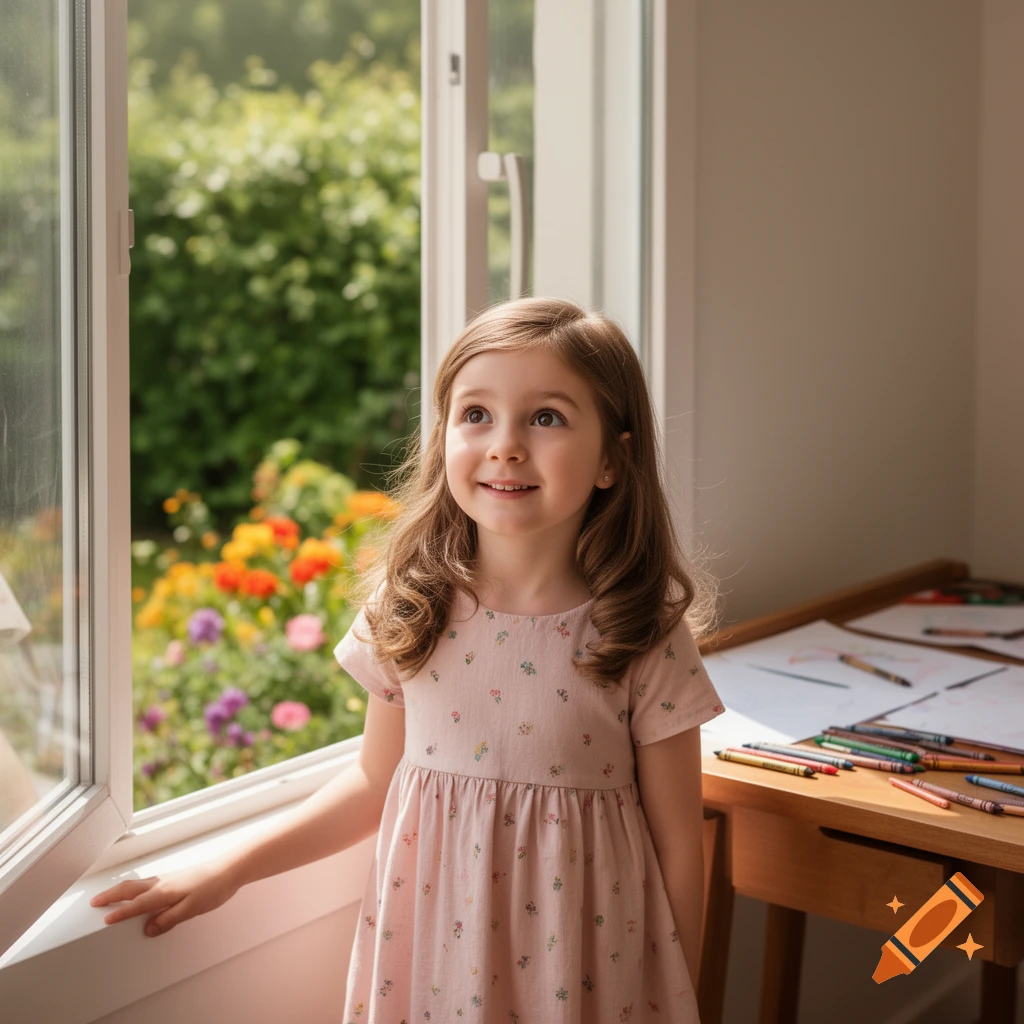 A young girl with long brown hair smiles while standing by an open window, looking towards a vibrant garden.
