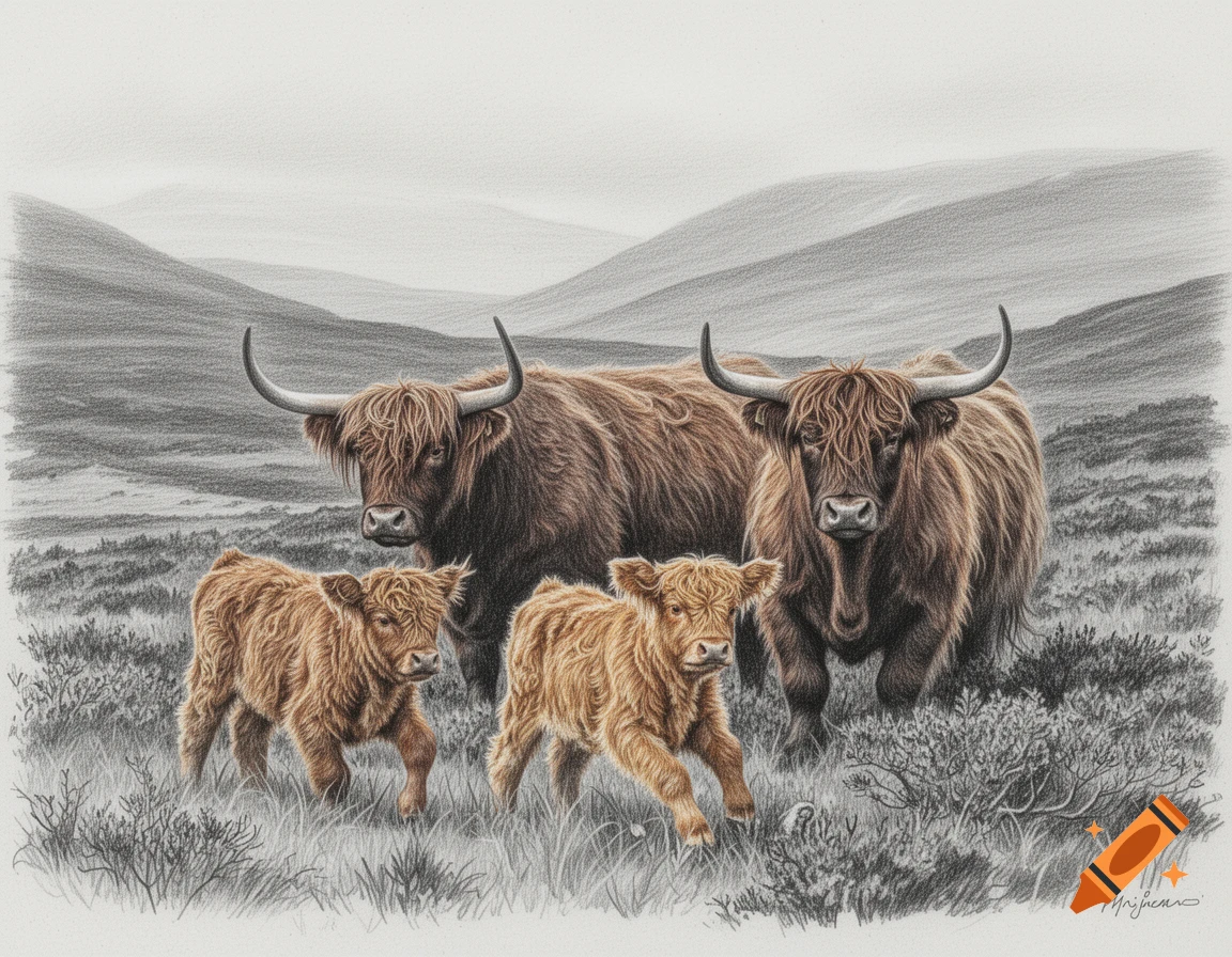 Pencil drawing of two adult and two young Scottish Highland cattle standing in a grassy, hilly landscape.