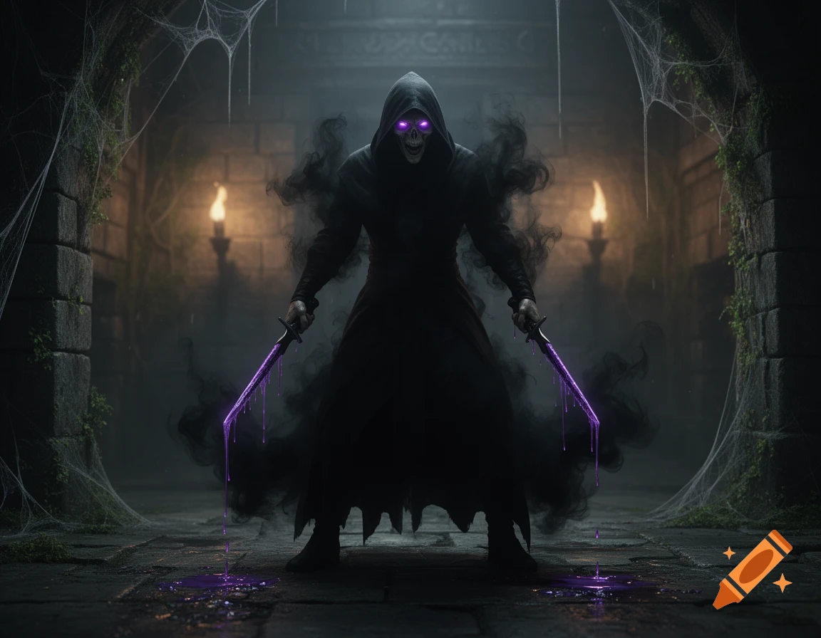 A dark fantasy assassin in a black robe with glowing purple eyes and two daggers dripping purple poison, standing in a dark stone dungeon.