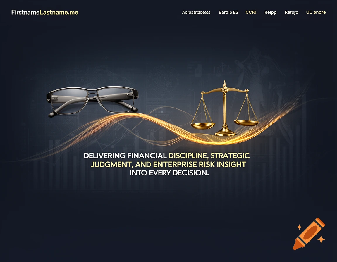 A pair of glasses and golden scales of justice float above glowing golden lines on a dark blue background with text: FirstnameLastname.me and DELIVERING FINANCIAL DISCIPLINE, STRATEGIC JUDGMENT, AND ENTERPRISE RISK INSIGHT INTO EVERY DECISION.