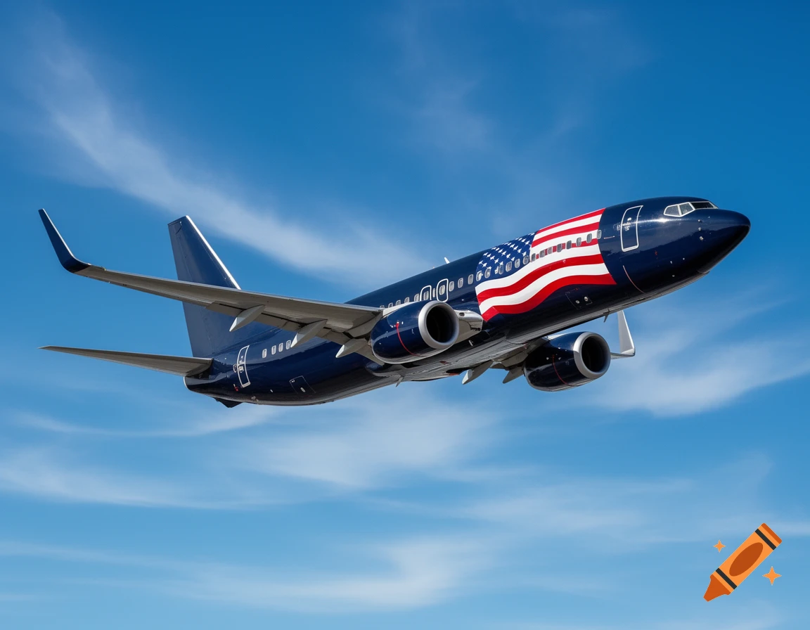 A navy blue Boeing 737 airplane with an American flag painted on its fuselage flies under a clear blue sky.