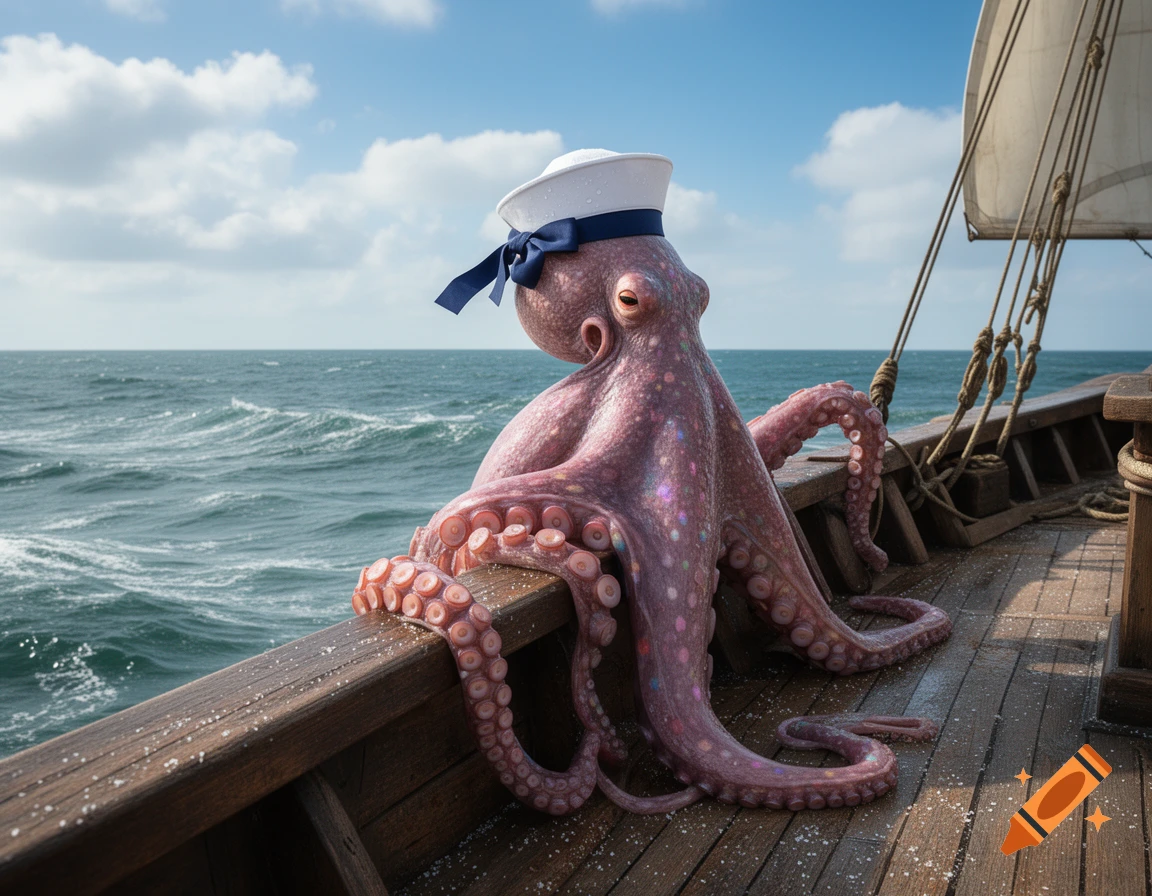 A photorealistic purple octopus in a sailor hat sits on a wooden sailboat, looking out at the wavy blue ocean under a cloudy sky.