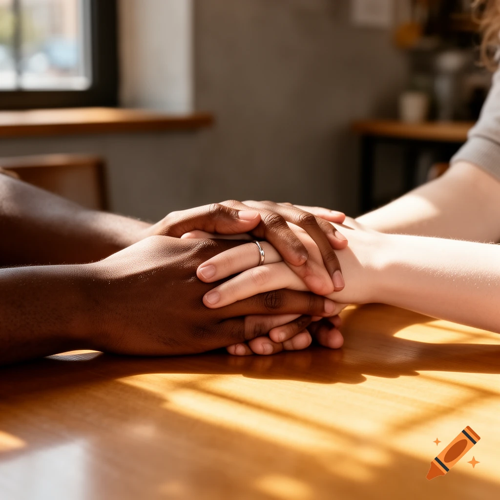 Close-up of diverse hands intertwined on a wooden table, one wearing a ring, symbolizing love.